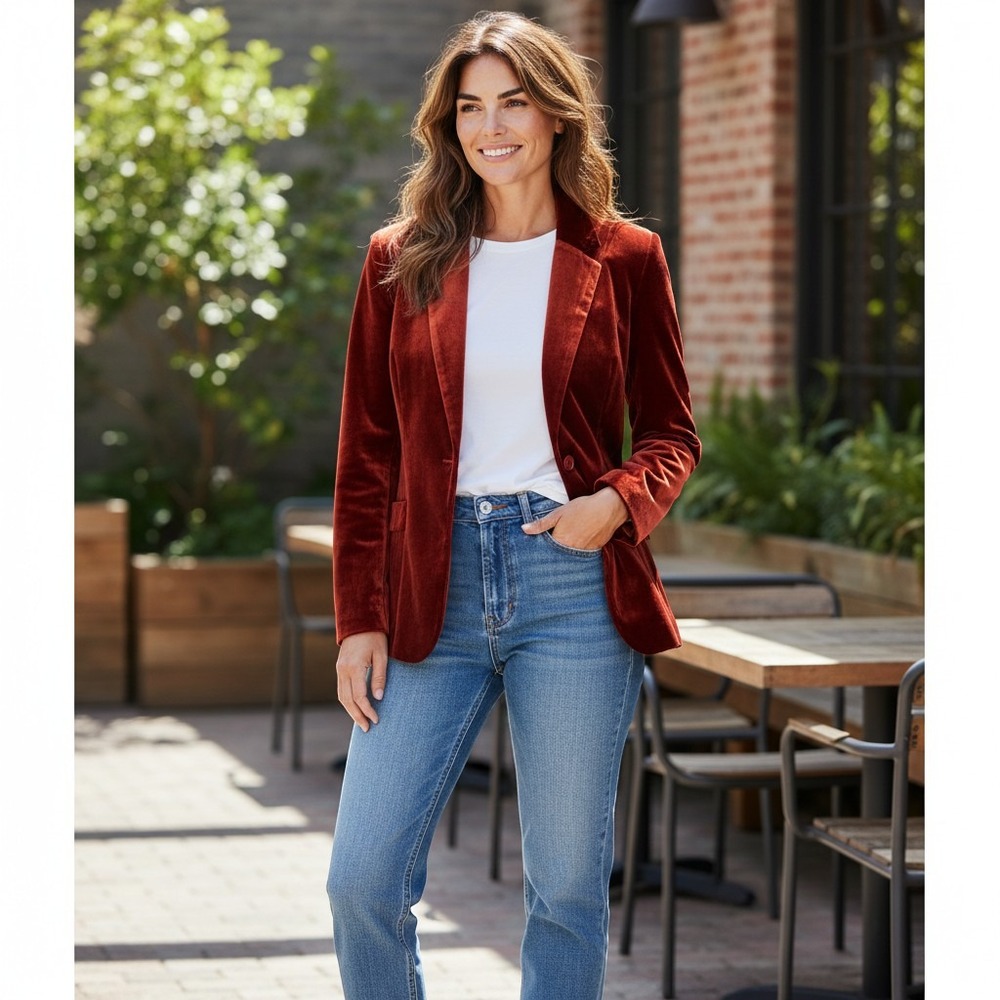 Sundance Womens 8 Burnt Orange Velvet Silk Blend Two Button Blazer (2458)